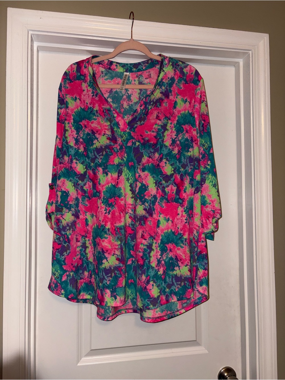 Women's V-Neck Tie-Dye Blouse in Pink, Teal & Purple - Picture 2 of 3